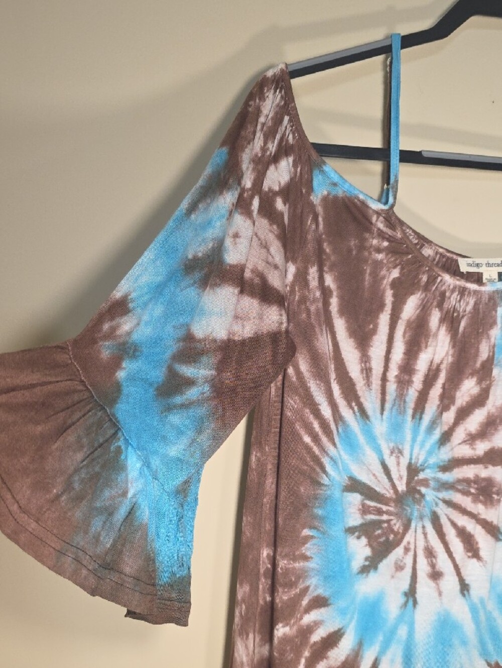 Indigo Thread Co. NIB Tie-Dye Ruffle Tunic | Size L | Boho Bell Sleeve Top - Picture 6 of 7